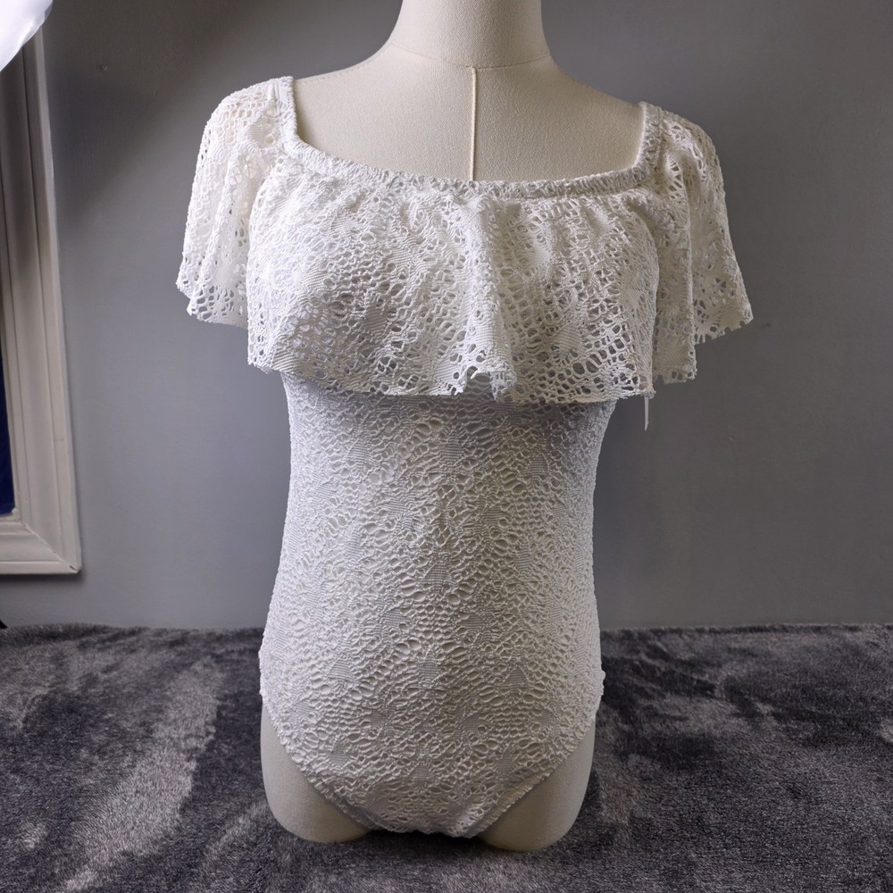 Ralph Lauren One Piece Swimsuit Crochet Off Shoulder Ruffle Lace Eyelet Size 8